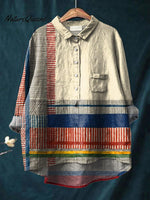 Women's Abstract Geometric Pattern Art Print Casual Cotton And Linen Shirt