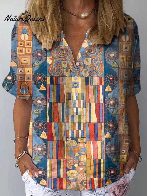Women's Abstract Geometric Pattern Art Print Casual Cotton And Linen Shirt