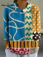 Women's Abstract Geometric Pattern Art Print Casual Cotton And Linen 3/4 Sleeve Shirt