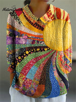 Women's Abstract Sun Floral Patchwork Pattern Art Print Casual Cotton And Linen 3/4 Sleeve Shirt