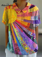Women's Abstract Sun Floral Patchwork Pattern Art Print Casual Cotton And Linen Shirt