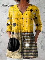 Women's Abstract Geometric Pattern Art Print Casual Cotton Linen V-neck Shirt