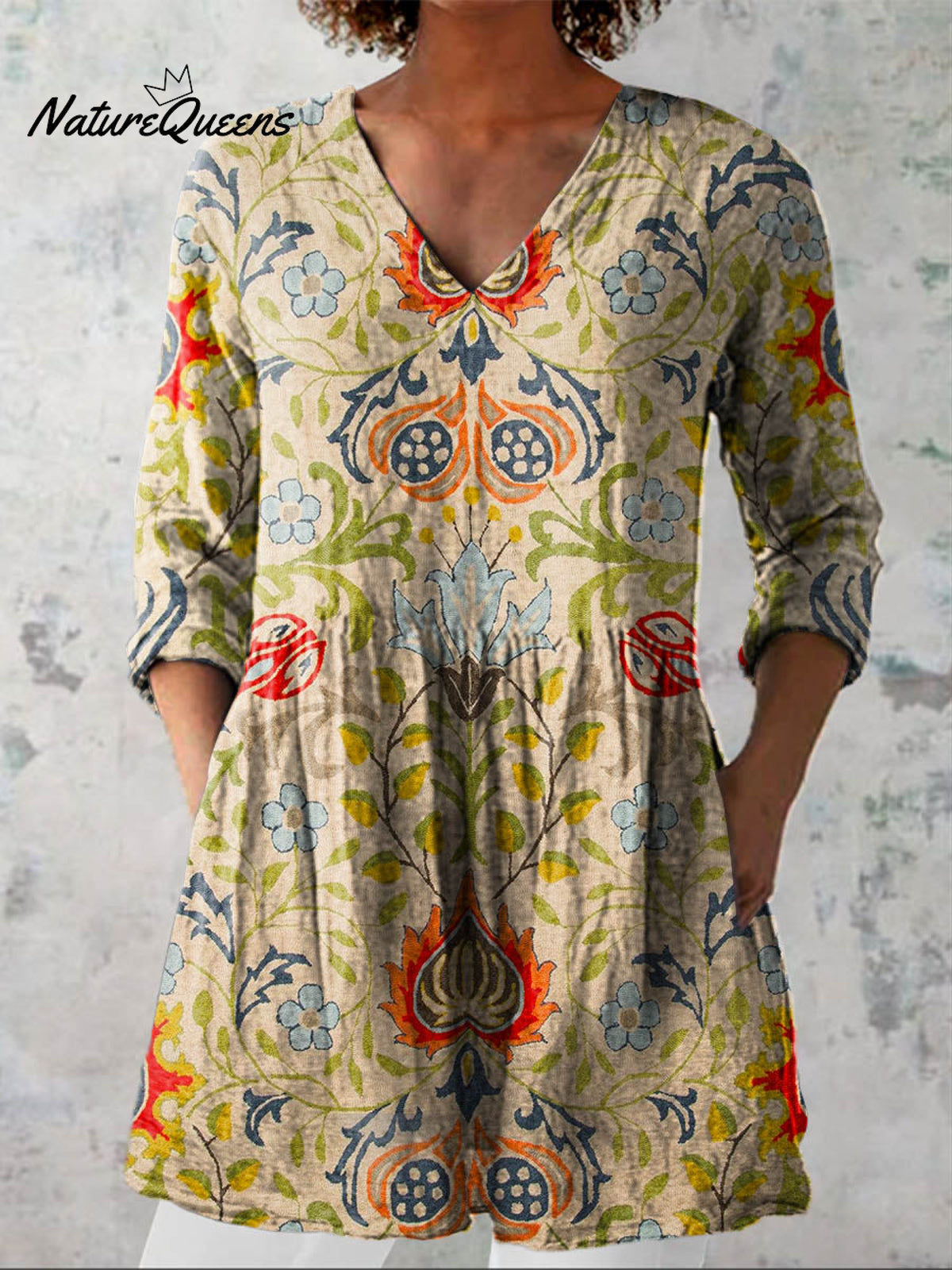 Women's Vintage Lovely Floral Pattern Art Print Casual Cotton Linen V-neck Shirt