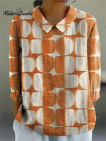 Women's Abstract Geometric Pattern Art Print Casual Cotton And Linen 3/4 Sleeve Shirt