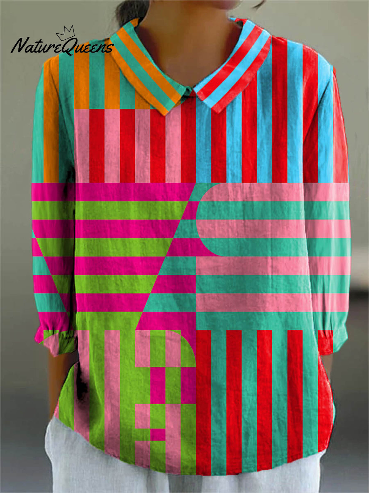 Women's Abstract Geometric Pattern Art Print Casual Cotton And Linen 3/4 Sleeve Shirt