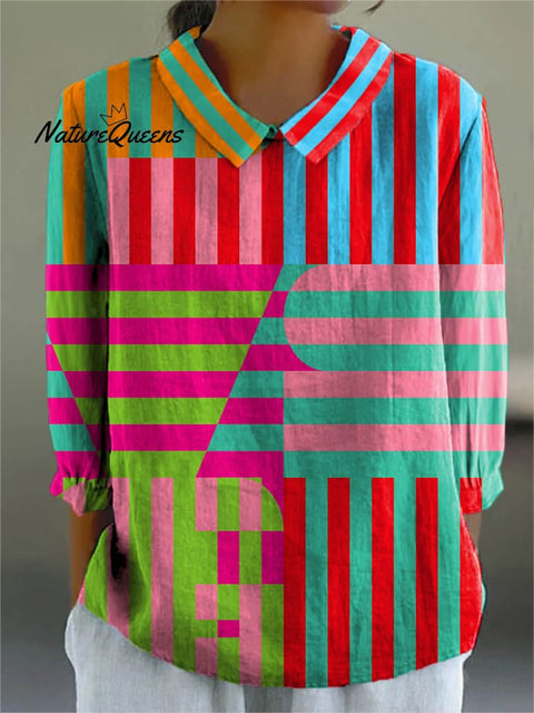 Women's Abstract Geometric Pattern Art Print Casual Cotton And Linen 3/4 Sleeve Shirt