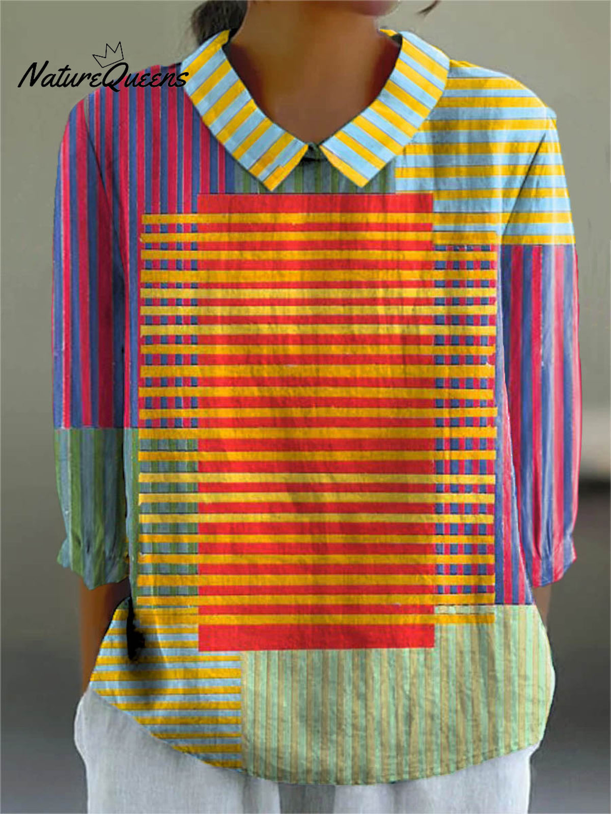 Women's Abstract Geometric Pattern Art Print Casual Cotton And Linen 3/4 Sleeve Shirt