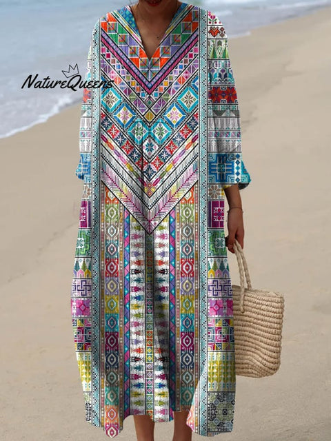 Women's Ethnic Geometric Pattern Art Print Cotton Dress