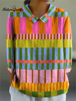 Women's Abstract Geometric Pattern Art Print Casual Cotton And Linen 3/4 Sleeve Shirt