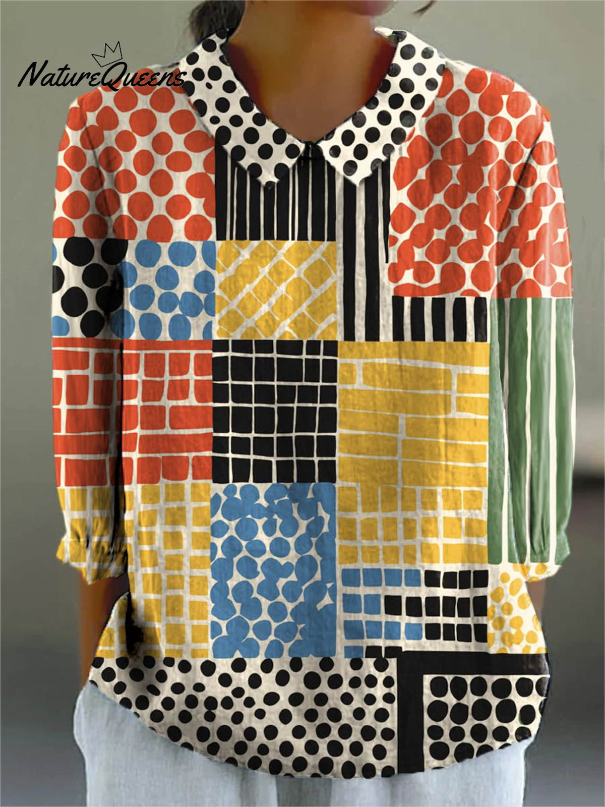 Women's Abstract Geometric Pattern Art Print Casual Cotton And Linen 3/4 Sleeve Shirt