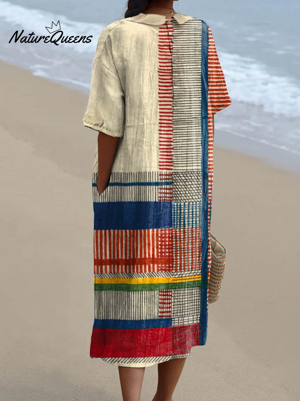 Women's Abstract Geometric Pattern Art Print Pocket Linen Dress（Convertible Dress With Front And Back Option）