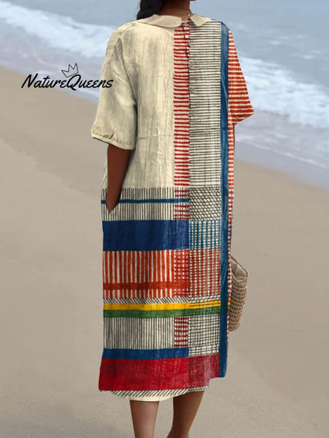Women's Abstract Geometric Pattern Art Print Pocket Linen Dress（Convertible Dress With Front And Back Option）