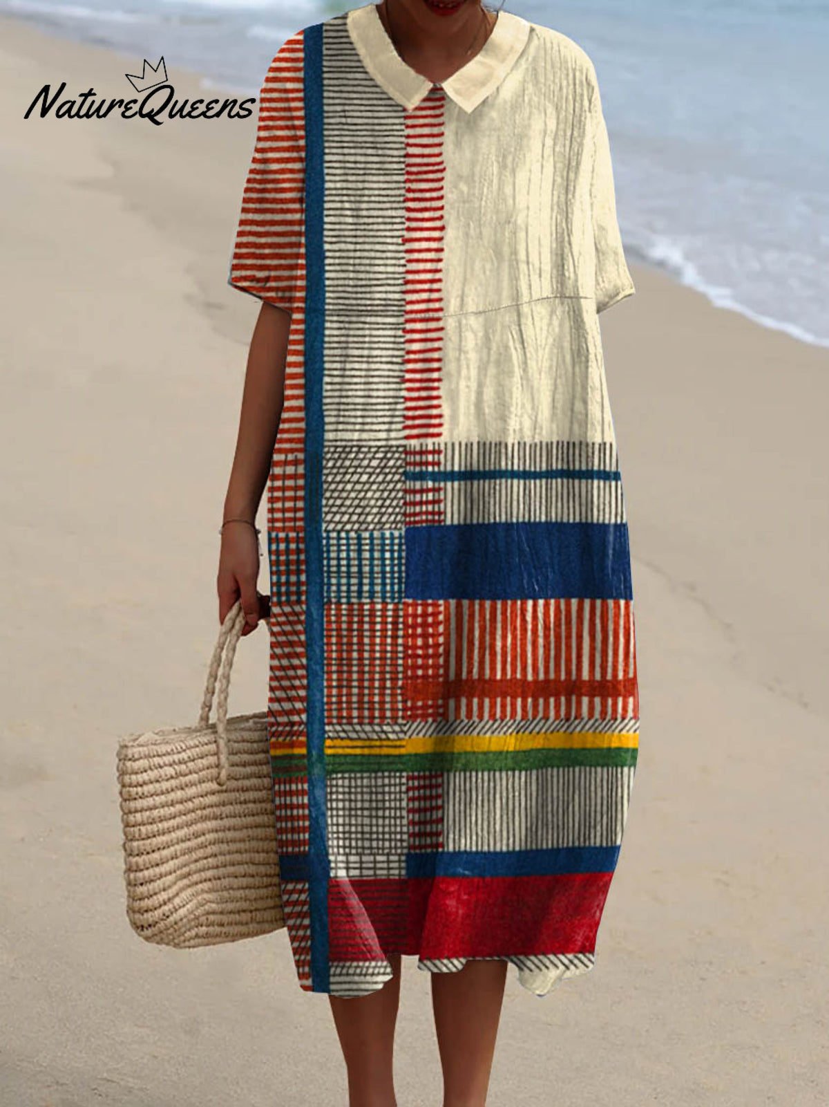 Women's Abstract Geometric Pattern Art Print Pocket Linen Dress（Convertible Dress With Front And Back Option）