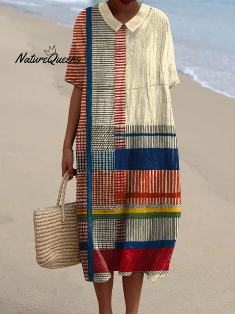 Women's Abstract Geometric Pattern Art Print Pocket Linen Dress（Convertible Dress With Front And Back Option）