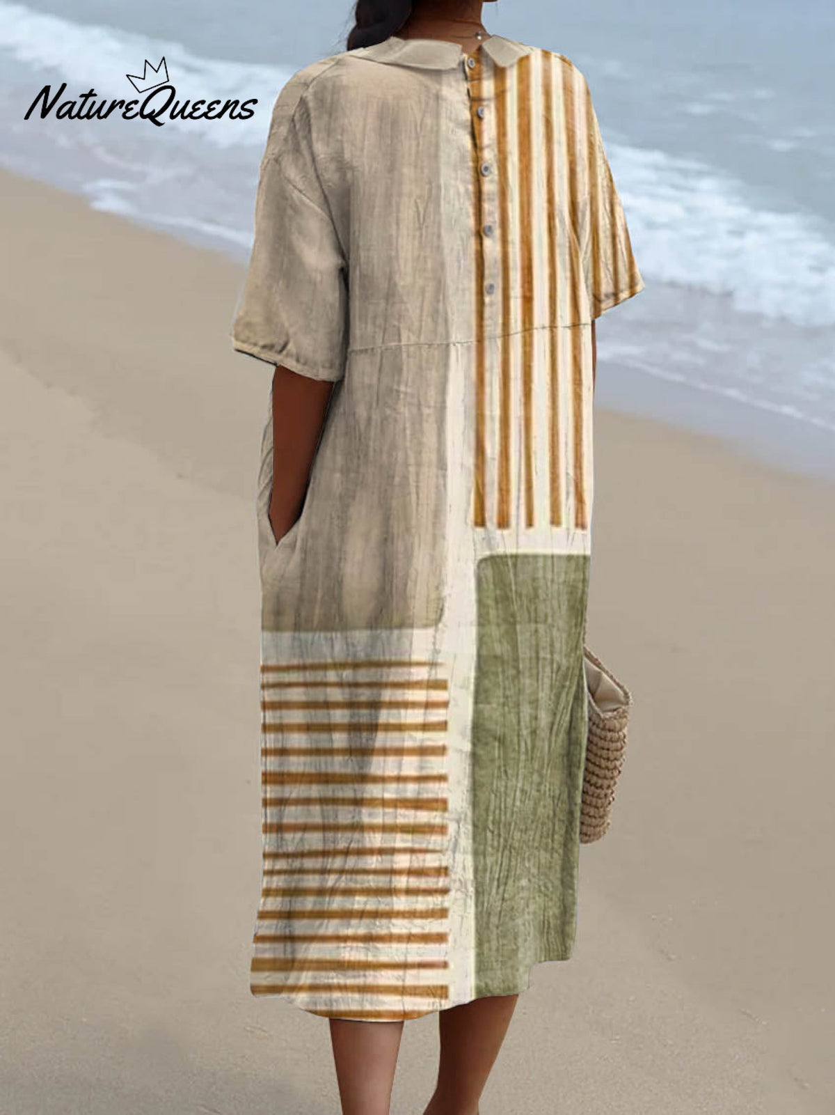 Women's Abstract Geometric Pattern Art Print Pocket Linen Dress（Convertible Dress With Front And Back Option）