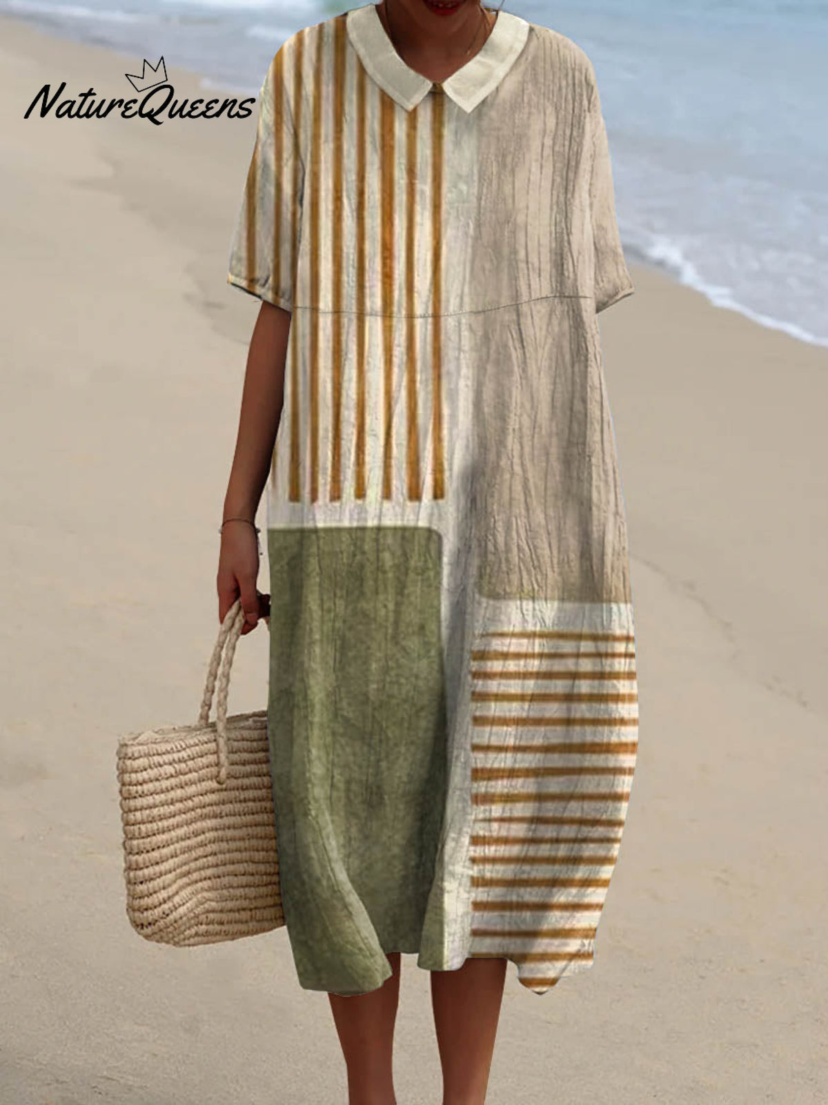 Women's Abstract Geometric Pattern Art Print Pocket Linen Dress（Convertible Dress With Front And Back Option）