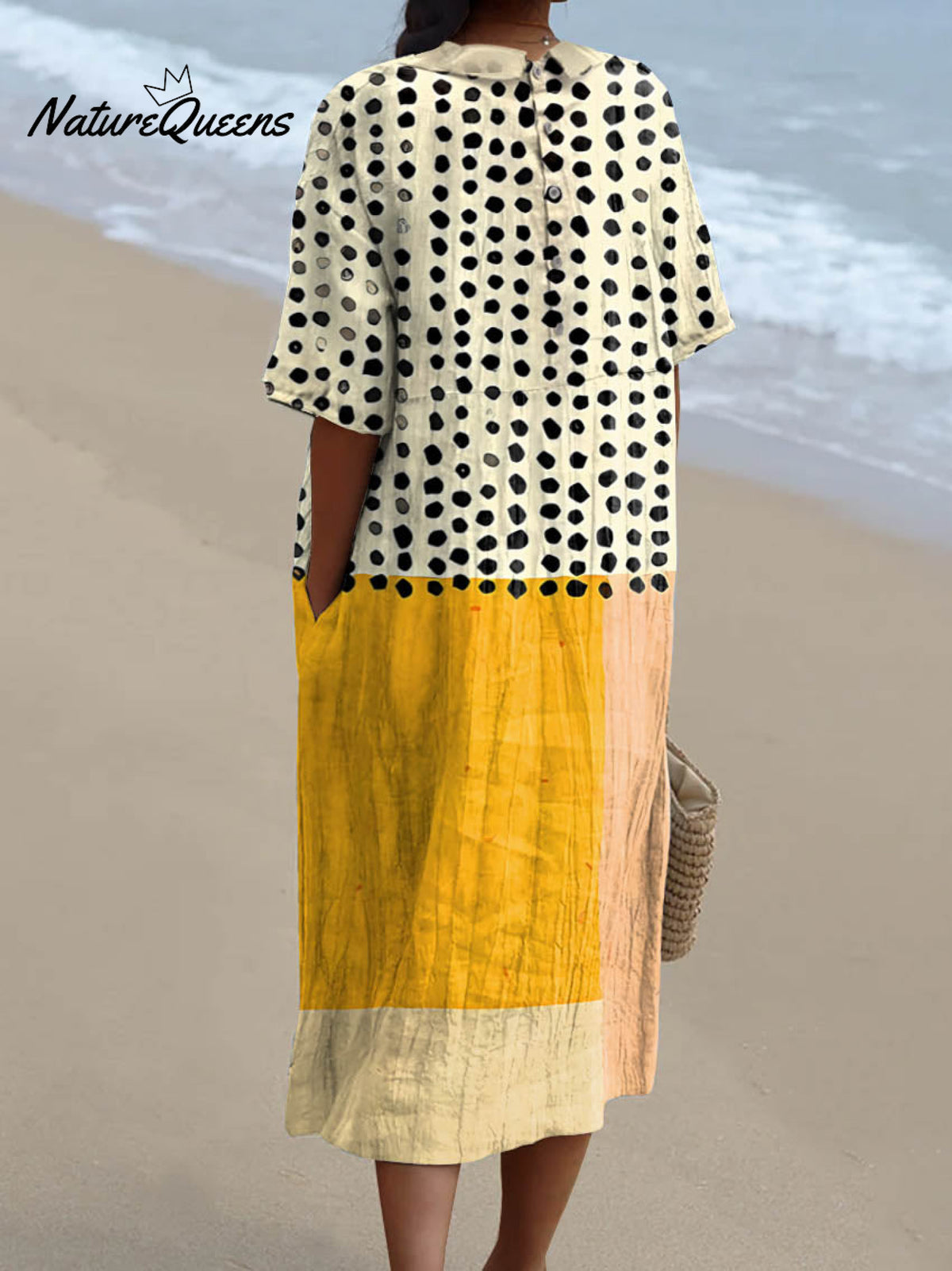 Women's Abstract Geometric Dot Pattern Art Print Pocket Linen Dress（Convertible Dress With Front And Back Option）