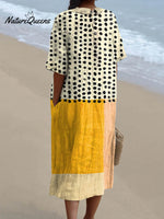 Women's Abstract Geometric Dot Pattern Art Print Pocket Linen Dress（Convertible Dress With Front And Back Option）