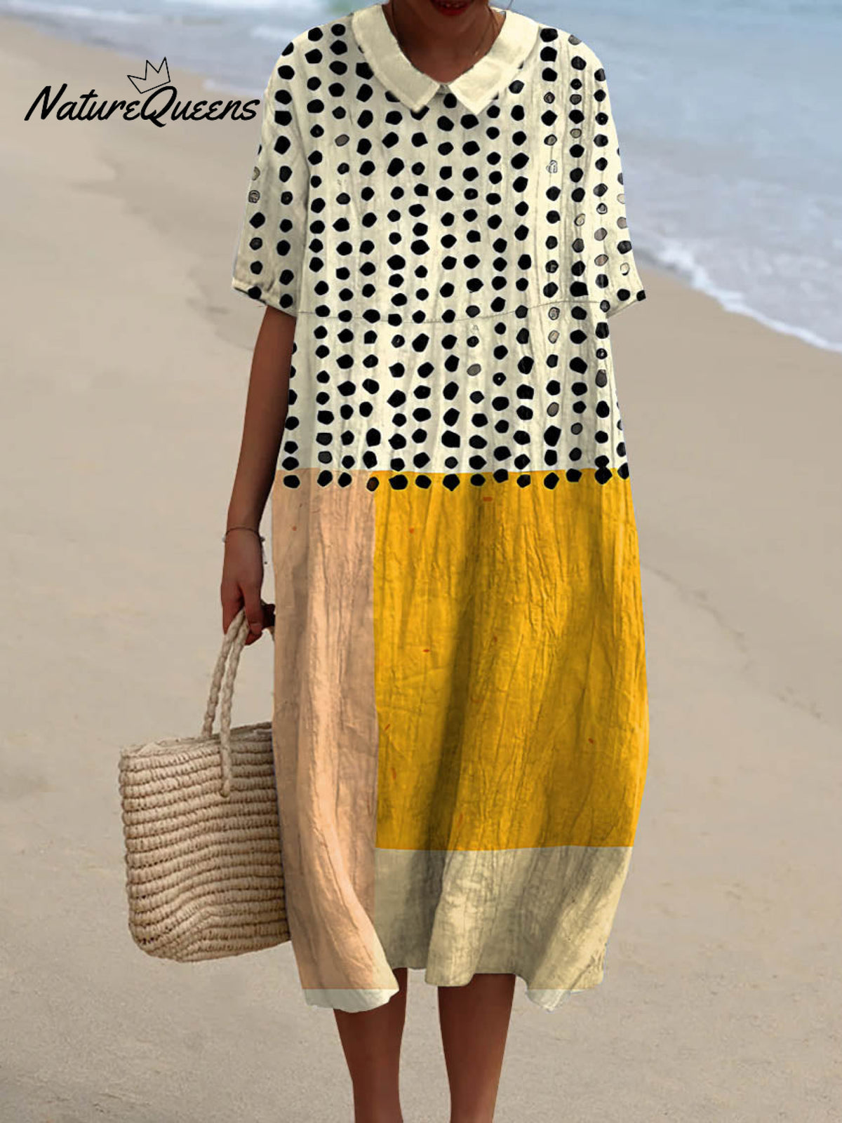 Women's Abstract Geometric Dot Pattern Art Print Pocket Linen Dress（Convertible Dress With Front And Back Option）