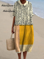 Women's Yellow Color-blocked Dots Art Watercolor Splash Fluid Art Print Flowy Dress