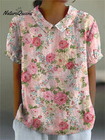 Women's Vintage Lovely Floral Art Print Casual Cotton And Linen Shirt