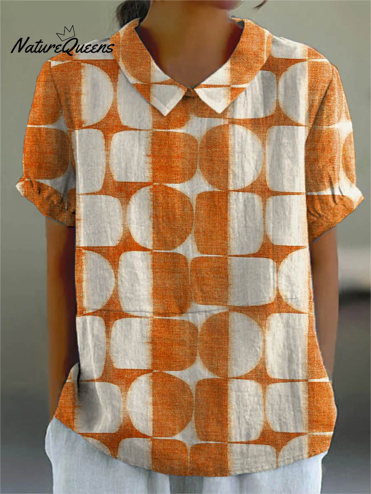 Women's Abstract Geometric Pattern Art Print Casual Cotton And Linen Shirt