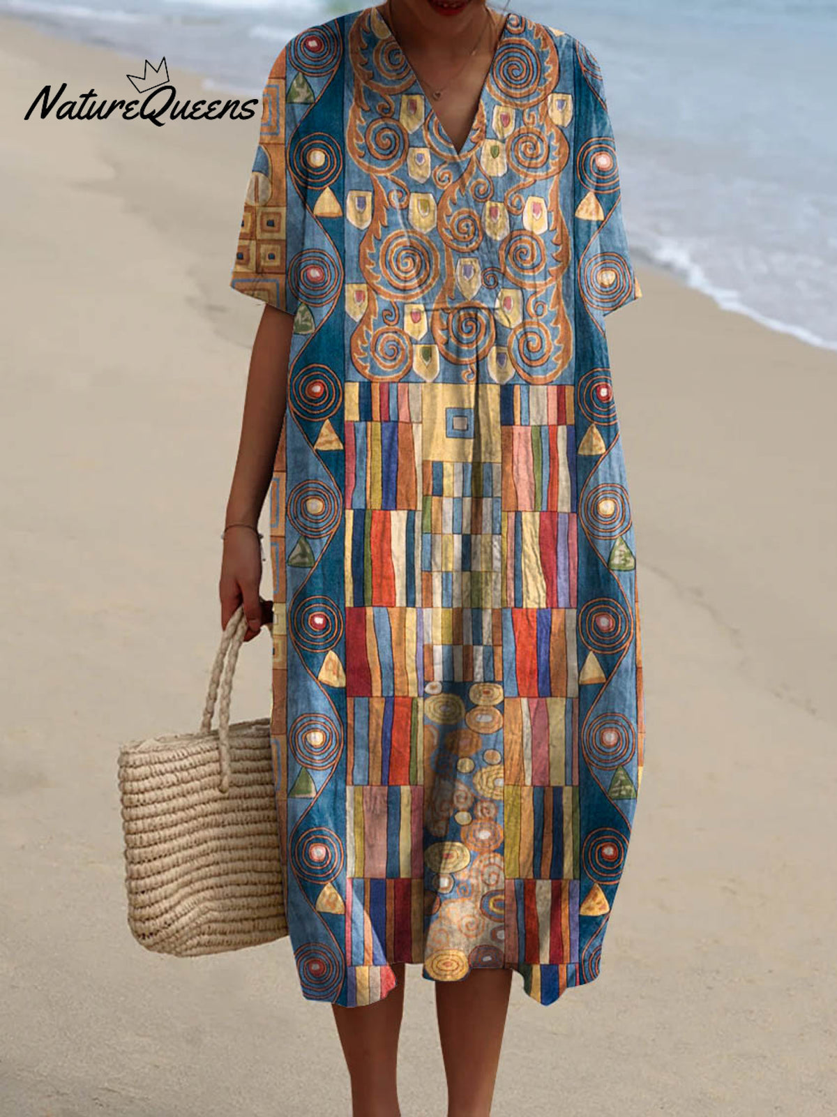 Women's Abstract Geometric Pattern Art Print Flowy Cotton Dress