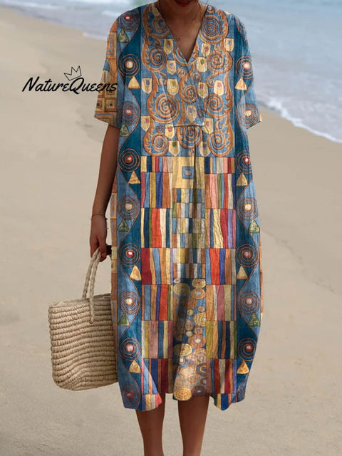 Women's Abstract Geometric Pattern Art Print Flowy Cotton Dress