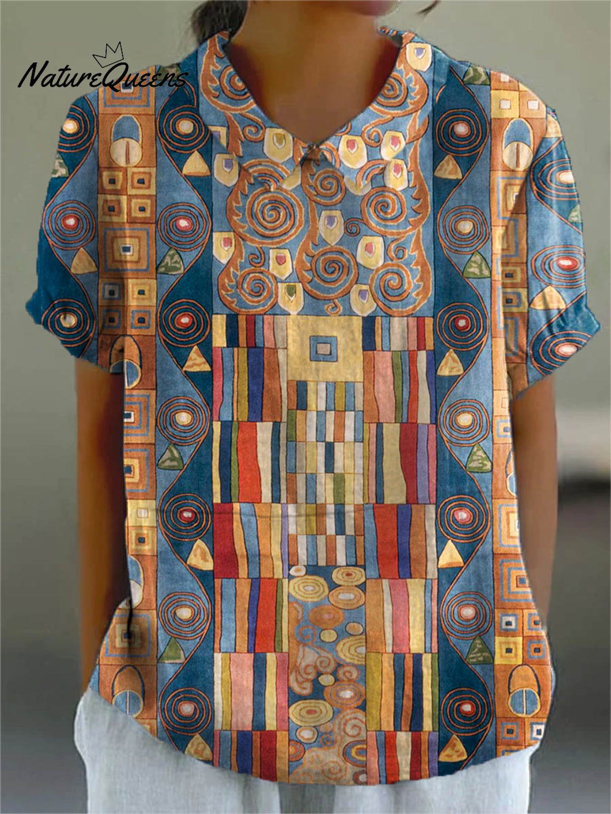 Women's Abstract Geometric Pattern Art Print Casual Cotton And Linen Shirt