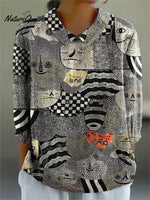 Women's Abstract Figure Pattern Art Print Casual Cotton And Linen 3/4 Sleeve Shirt