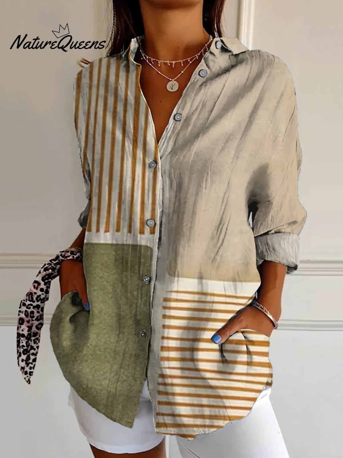 Women's Abstract Geometric Line Pattern Art Print Casual Cotton Shirt