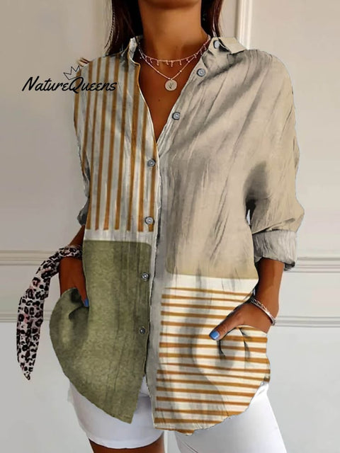 Women's Abstract Geometric Line Pattern Art Print Casual Cotton Shirt