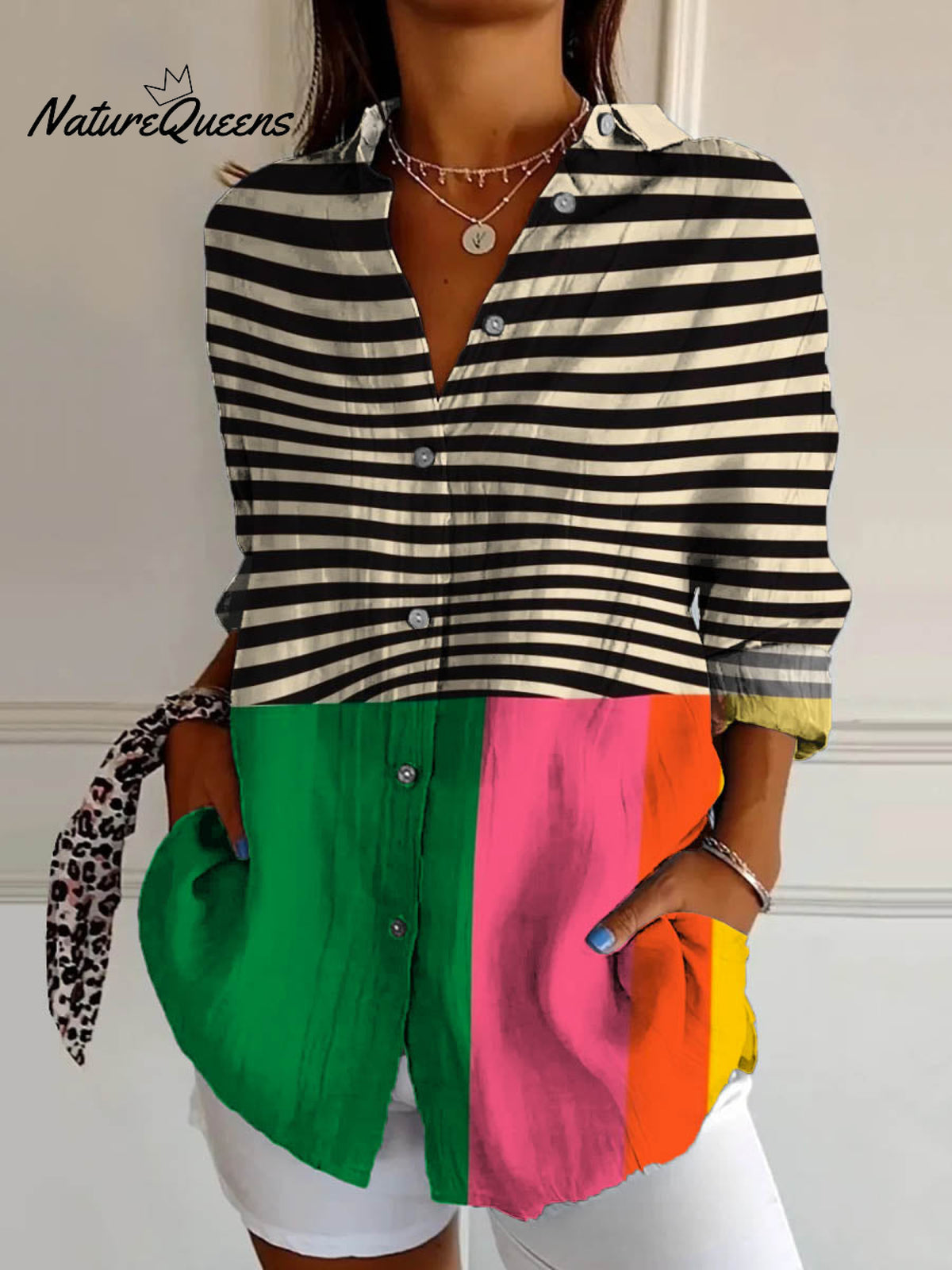 Women's Abstract Geometric Line Pattern Art Print Casual Cotton Shirt