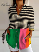 Women's Abstract Geometric Line Pattern Art Print Casual Cotton Shirt