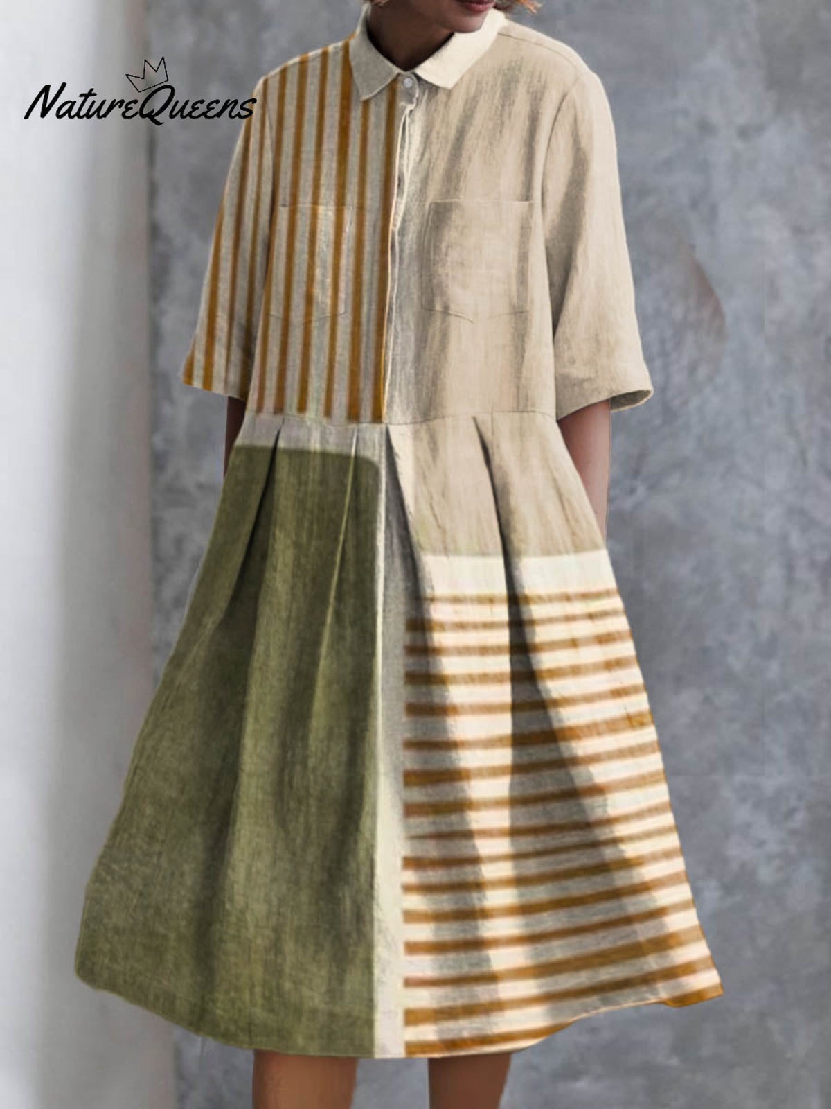 Women's Abstract Geometric Line Pattern Print Pocket Cotton Dress