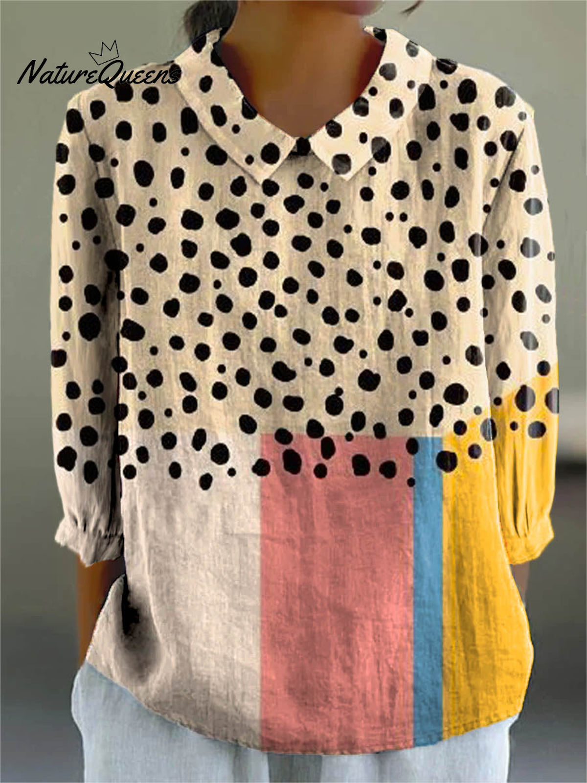 Women's Abstract Geometric Dot Pattern Art Print Casual Cotton And Linen 3/4 Sleeve Shirt