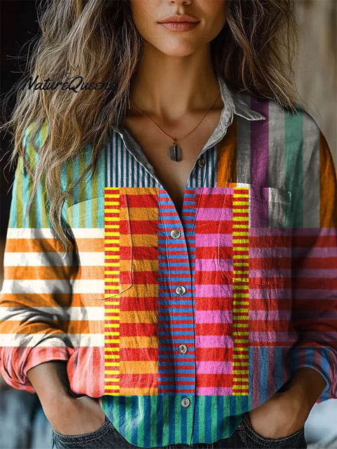 Women's Abstract Geometric Pattern Art Print Casual Long Sleeve Comfortable Cotton Shirt