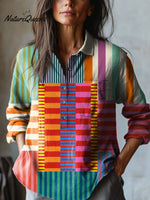 Women's Abstract Geometric Pattern Art Print Casual Cotton And Linen Shirt