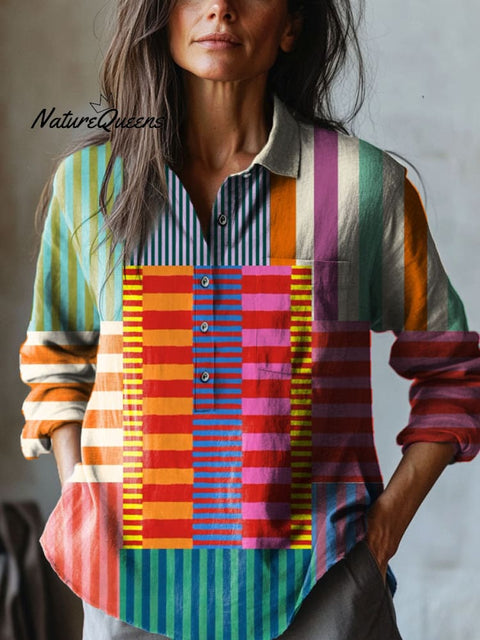 Women's Abstract Geometric Pattern Art Print Casual Cotton And Linen Shirt