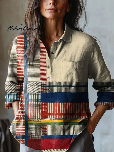 Women's Abstract Geometric Line Pattern Art Print Casual Cotton And Linen Shirt