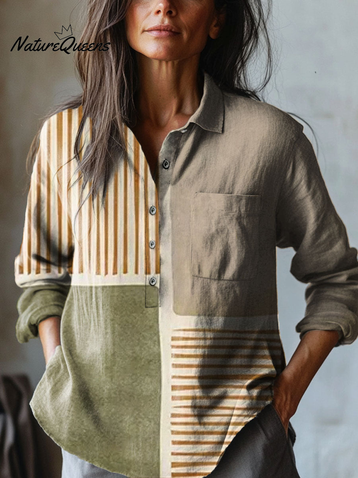 Women's Abstract Geometric Line Pattern Art Print Casual Cotton And Linen Shirt