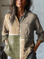 Women's Abstract Geometric Line Pattern Art Print Casual Cotton And Linen Shirt