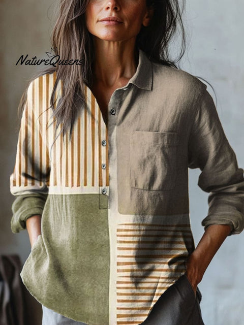 Women's Abstract Geometric Line Pattern Art Print Casual Cotton And Linen Shirt
