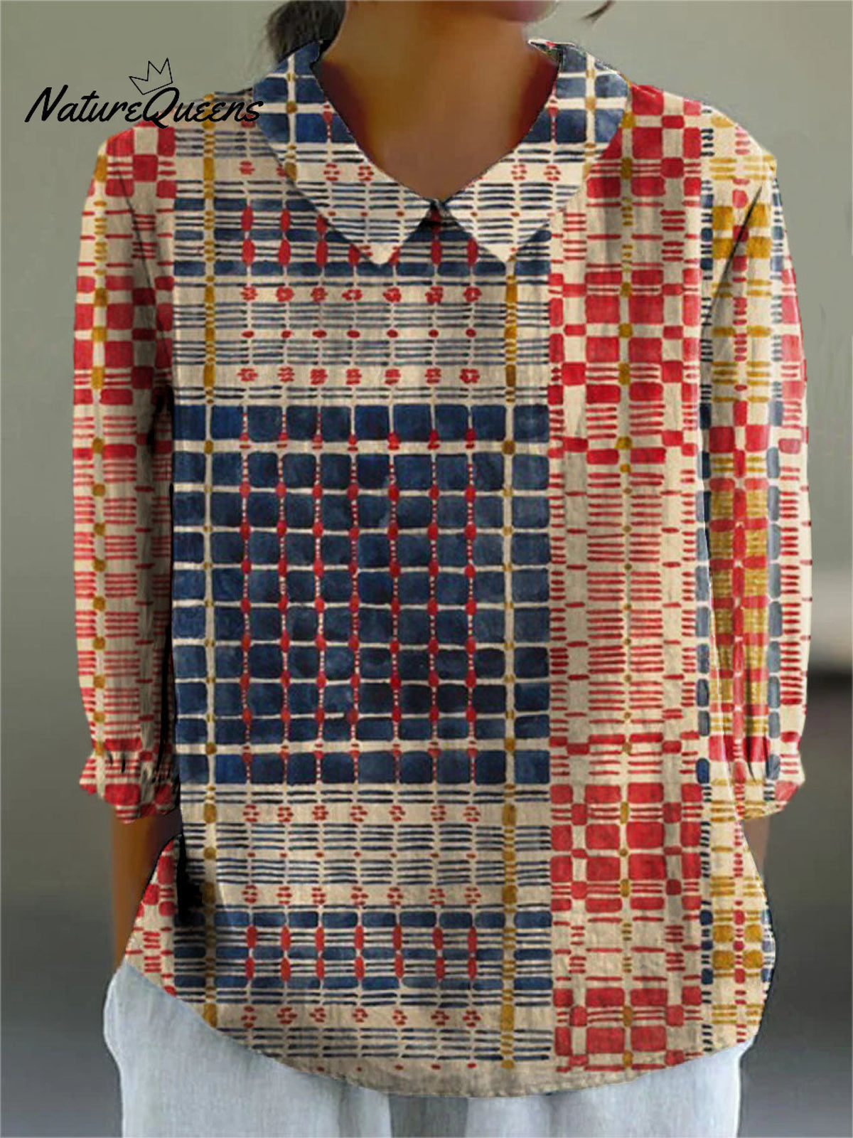 Women's Vintage Geometric Line Art Print Casual Cotton And Linen 3/4 Sleeve Shirt