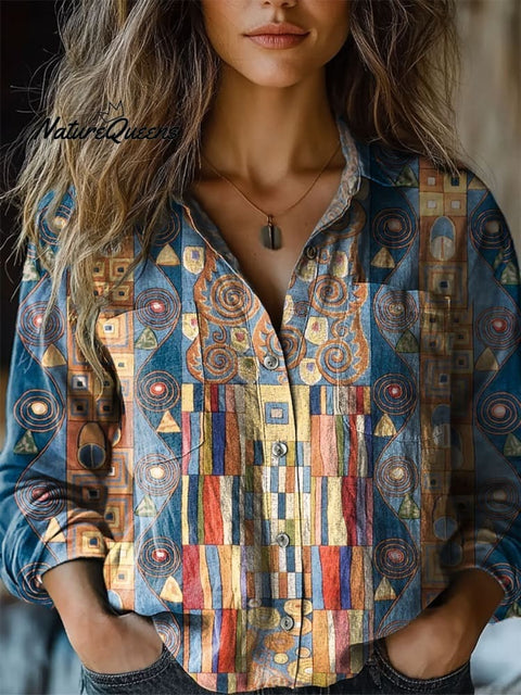 Women's Abstract Geometric Pattern Art Print Casual Cotton And Linen 3/4 Sleeve Shirt