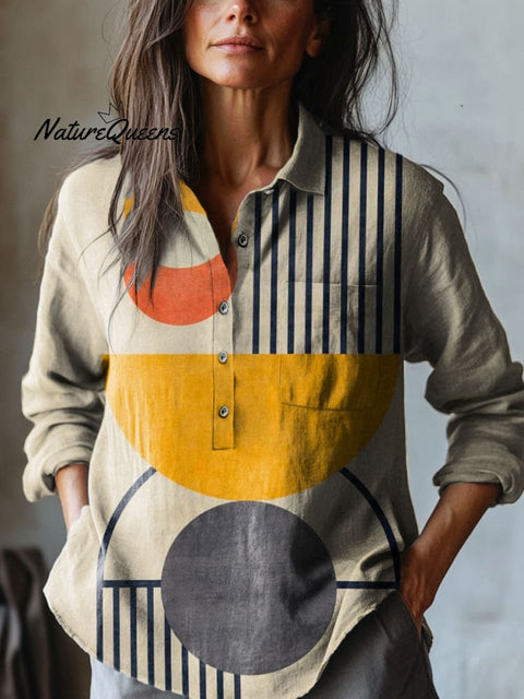 Women's Abstract Geometric Pattern Art Print Casual Cotton And Linen Shirt