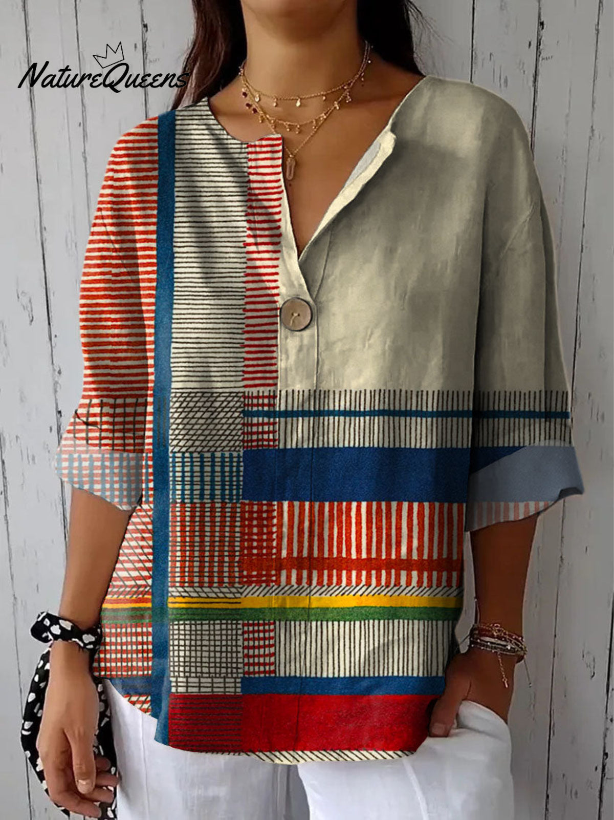 Women's Abstract Geometric Line Pattern Art Print Casual Cotton Linen Shirt