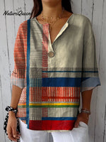 Women's Abstract Geometric Line Pattern Art Print Casual Cotton Linen Shirt
