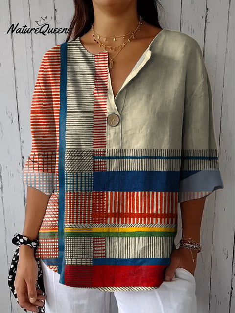 Women's Abstract Geometric Line Pattern Art Print Casual Cotton Linen Shirt