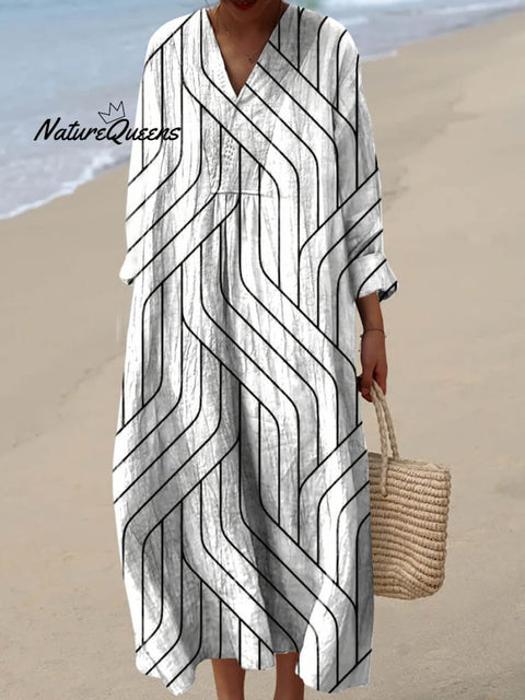 Women's Abstract Geometric Line Pattern Art Print Cotton Dress